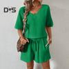 Женский повседневный наряд из 2 шт./компл., футболка с v-образным вырезом и короткими рукавами, эластичная резинка на талии, широкие шорты, комплект, сплошной цвет, тканевый наряд с морщинами