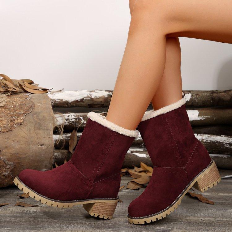 Women's Plus Size Snow Boots Casual Middle Tube Thick Heel Fleece Fur Cotton Boot Shoes 35-43