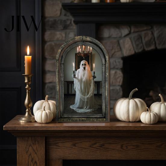 Rustic Wood Halloween Sign Arched Wooden Wall Decor, Ghost Cat Hanging Ornament, Distressed Gothic Desktop Ornament Tabletop Decor Plaque, Spooky