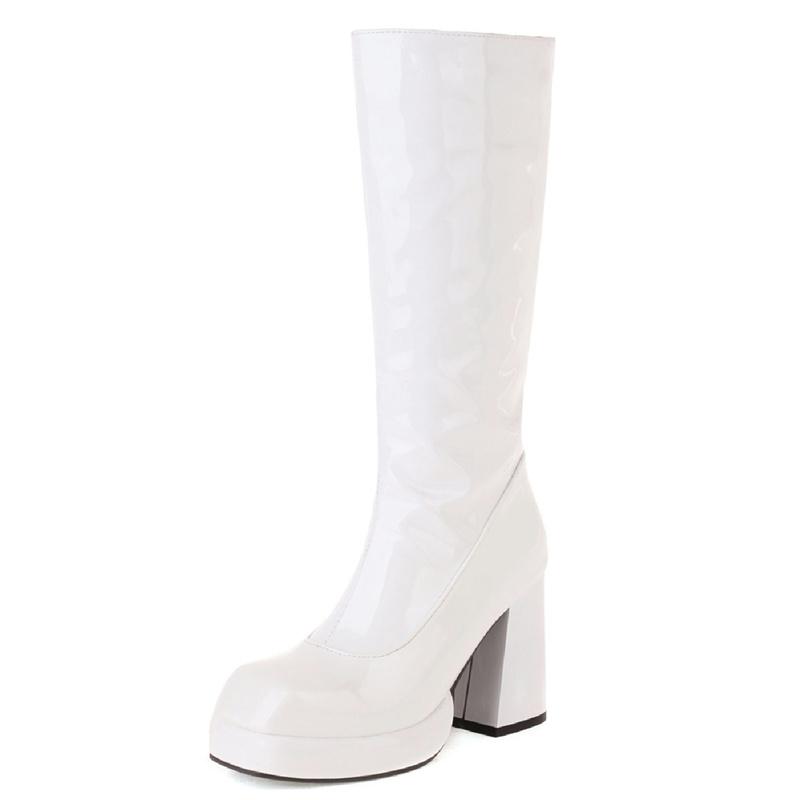 Модные женские сапоги на платформе, высокие сапоги до колена, осень-зима, лакированная кожа, женские сапоги на водонепроницаемом каблуке, белые, красные, фетиш-обувь для вечеринок