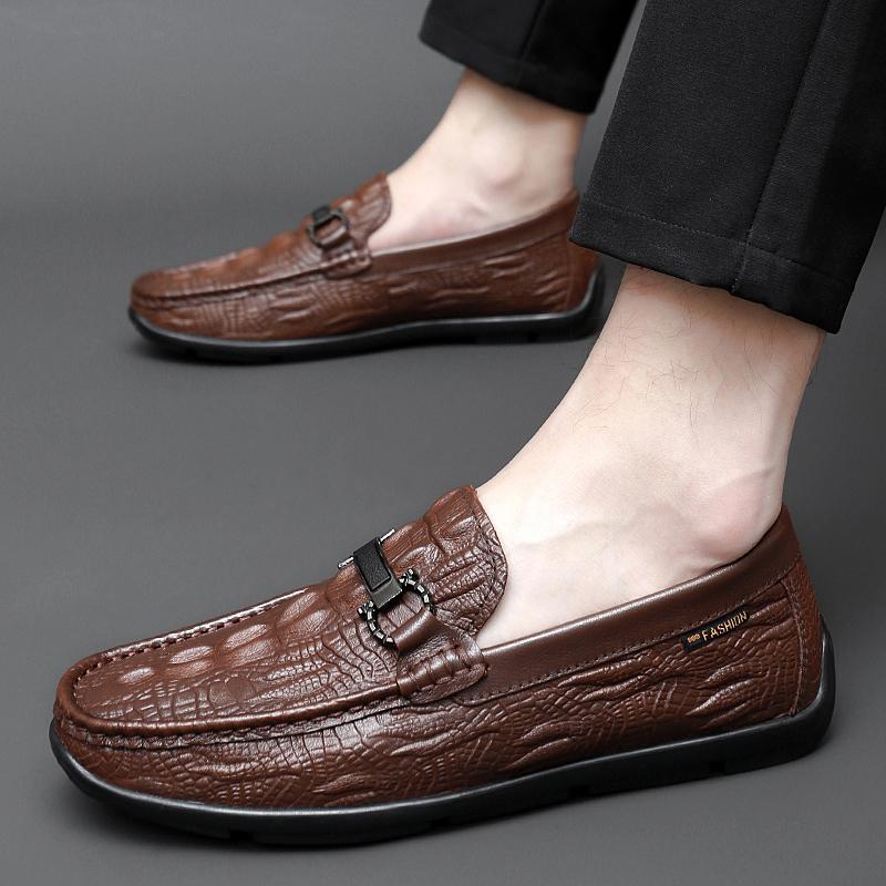 Мужские туфли из натуральной кожи с узором под крокодила, мужские туфли без застежек, весенние деловые повседневные мужские мокасины, дышащие мужские туфли для вождения