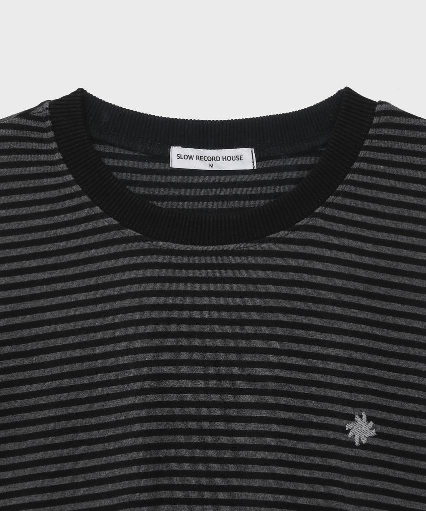 SLOW RECORD HOUSE Striped Short Sleeve T-Shirt_Black