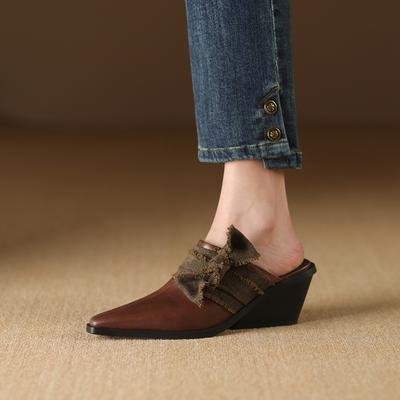 Модные женские новые летние туфли-лодочки из натуральной коровьей кожи с открытой пяткой, на высоком каблуке, с острым носком и ретро-бантом