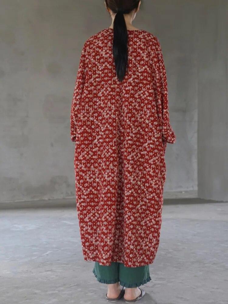 Johnature Женское красное платье с цветочным принтом и рукавами «летучая мышь», винтажные хлопковые длинные халаты, осенние свободные женские длинные платья на пуговицах