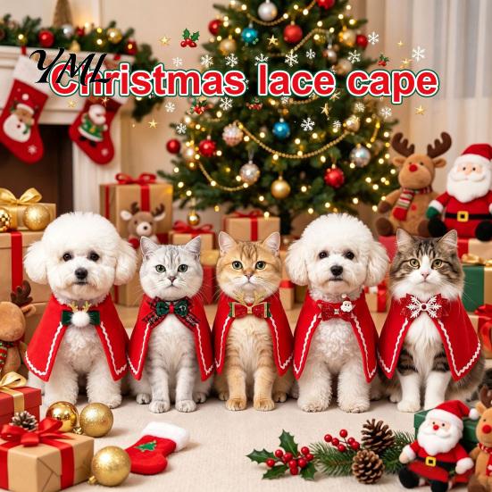 Cat Party Clothes Pet Christmas Cape with Bow, Red Cloak for Small Medium Dogs & Cats, Holiday Apparel Outfit White Wavy Trim, Festive Costume Pets