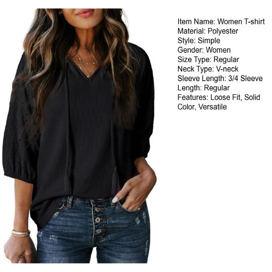 Женская футболка с V-образным вырезом, жаккардовым декором, рукавами 3/4, пуловер, однотонный, свободного кроя, для вечеринки и повседневной носки