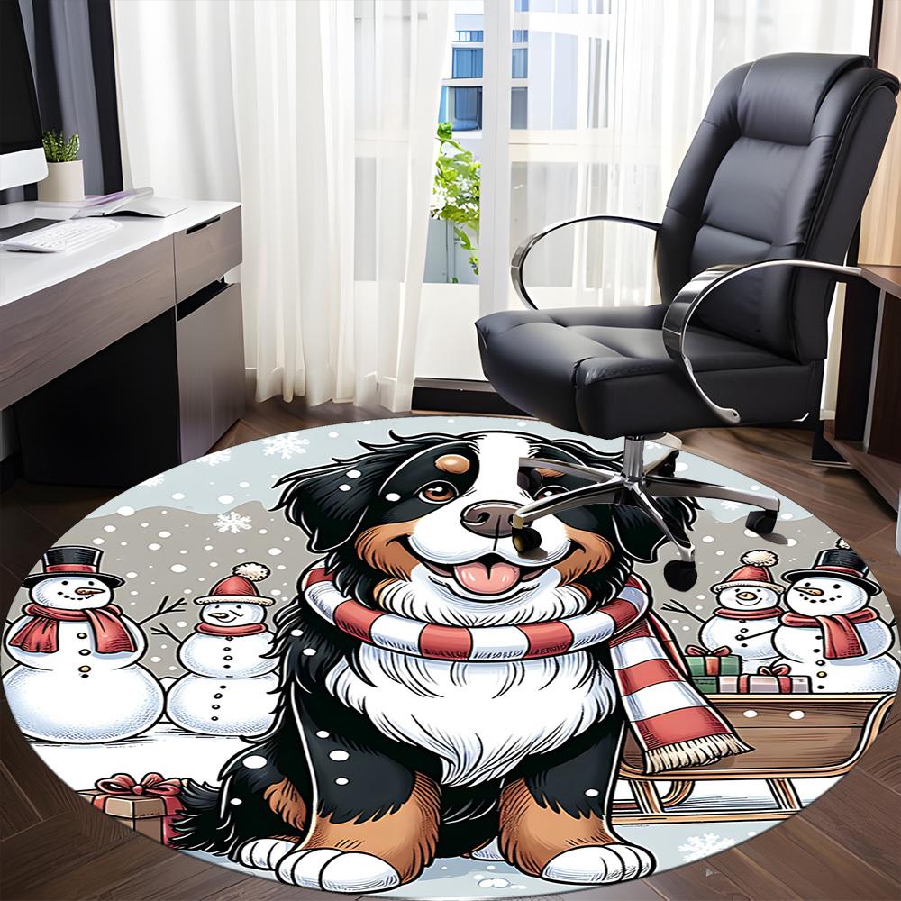 1PC Winter Snow Dog Office Round Area Rug, Mat Suitable For Office, Under Office Chairs Bedroom Living Room Home Decor, Room Deco