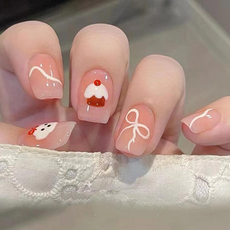 24pcs/set short Medium fake nails square ballet almond nail tips pink beautiful heart for Valentine's Day press on false nails