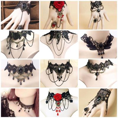 Хэллоуин Женщины Девушка Ретро Готический Панк Стиль Ожерелье Браслеты Черное Кружево Шеи Цепи Воротник Заявление Колье Викторианский Стимпанк Ювелирные Изделия
