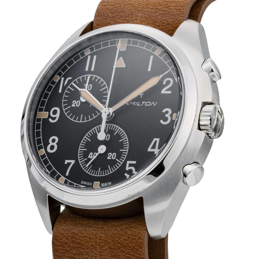 Часы Khaki Pilot Pioneer Chrono с черным циферблатом, кварцевые, водонепроницаемые, 100 м, хронограф из телячьей кожи H76522531 коричневые [Hamilton] мужские [Товар]