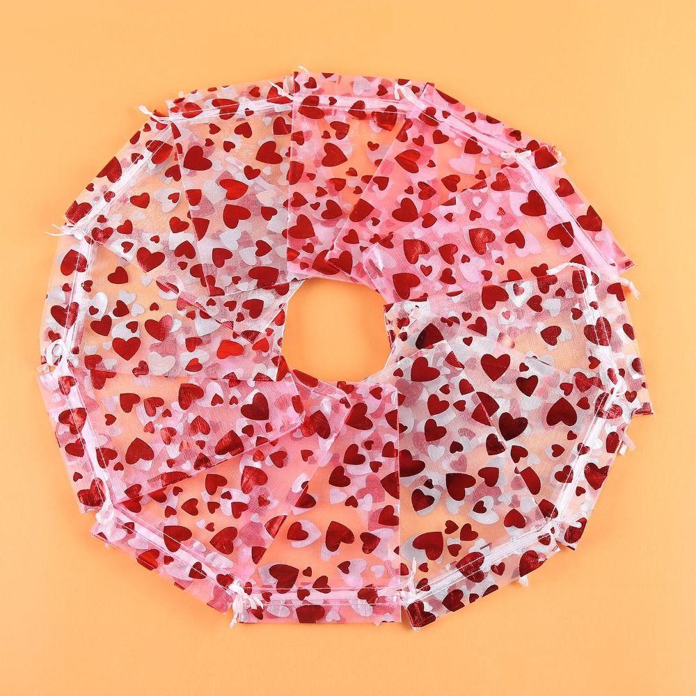 20pcs Love Heart Valentine's Day Gift Bag Drawstring Bronzing Gift Bag Mesh Candy Pouches Wedding