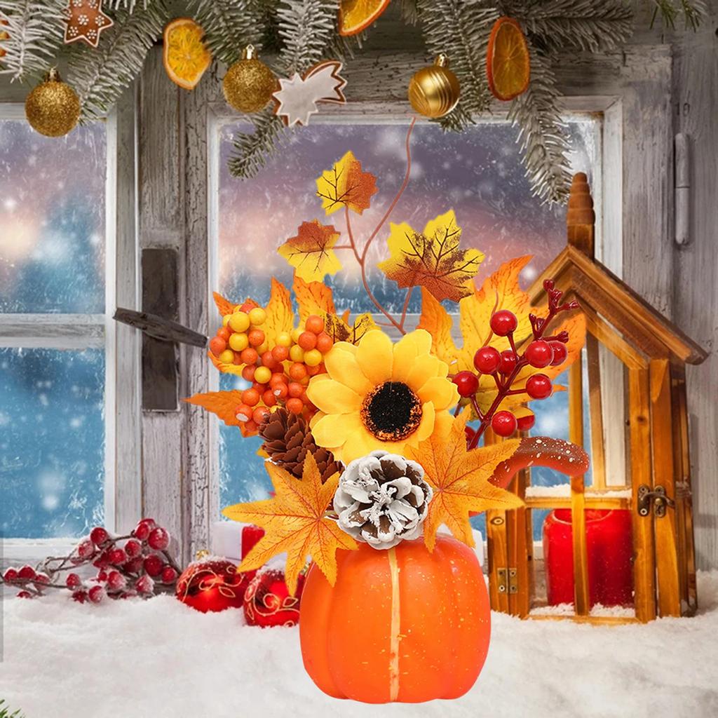 Fall Pumpkin Decor Ornament Maple Leaf Berry Sun Flower Set Thanksgiving Decoration For Indoor Outdoor Home Table