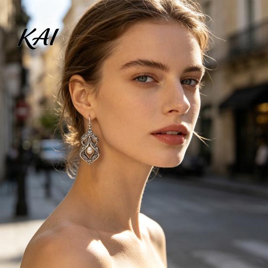 Artistic Bohemian Aesthetic Jewelry 1 Pair Women Retro Drop Earrings, Vintage Carved Faux Pearl Fashionable Alloy Earrings for Dresses Dangle