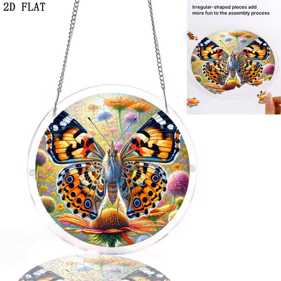 2D Flat Acrylic Jigsaw Puzzle, Designed with a Butterfly in Flower Theme, "Sun Catcher" Courtyard Outdoor Decoration, 2D Flat Acrylic Window Hanging D