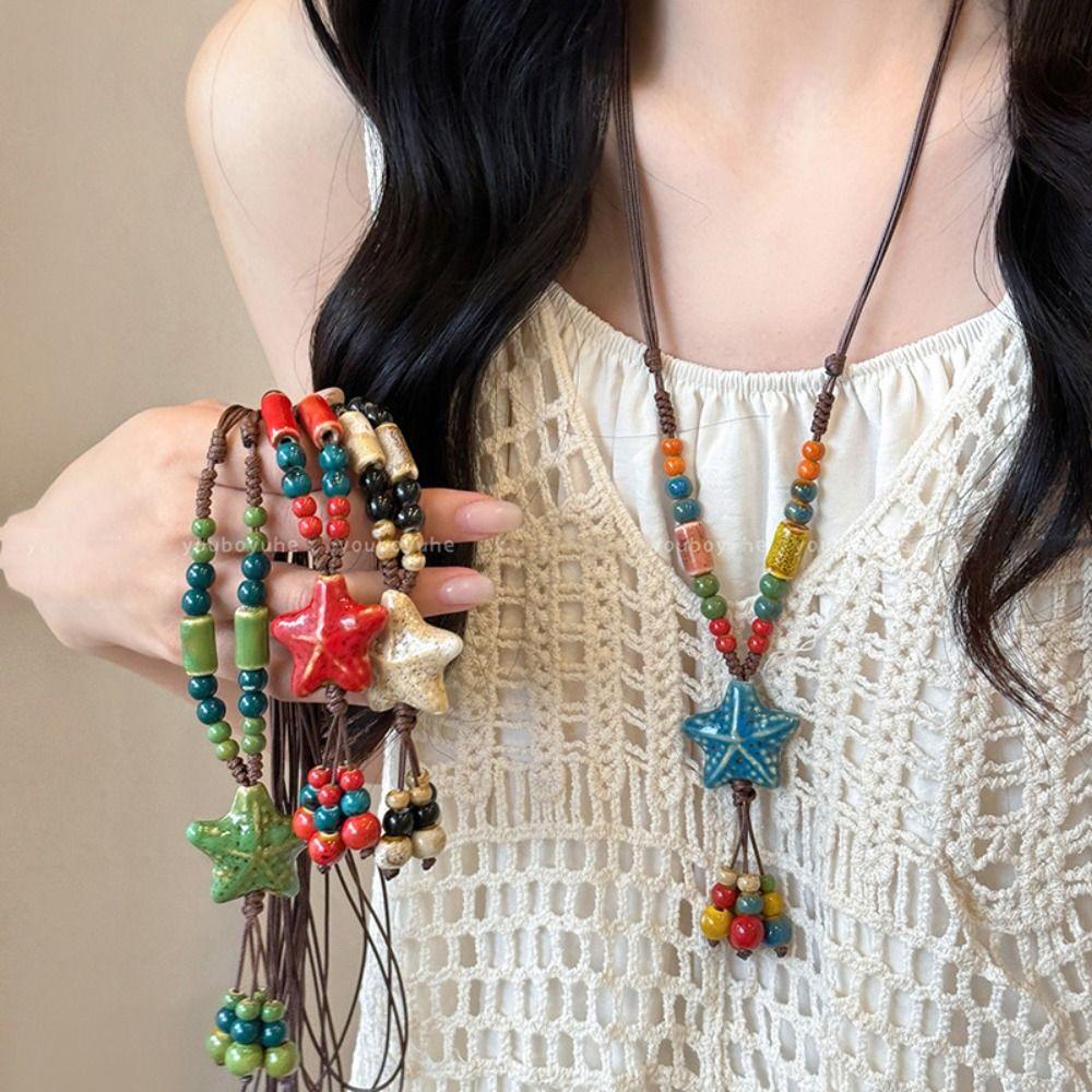 Tassel Ethnic Style Necklace Colorful Beads Bohemian Style Necklace Long Sweater Chain  Girls Gifts