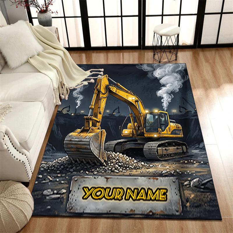 1PC Custom Name "Excavator Action" Theme Floor Mat Ideal for Living Room, Game Rooms, Office, Bedroom, Office Floor Mat , Floor Mats for Home