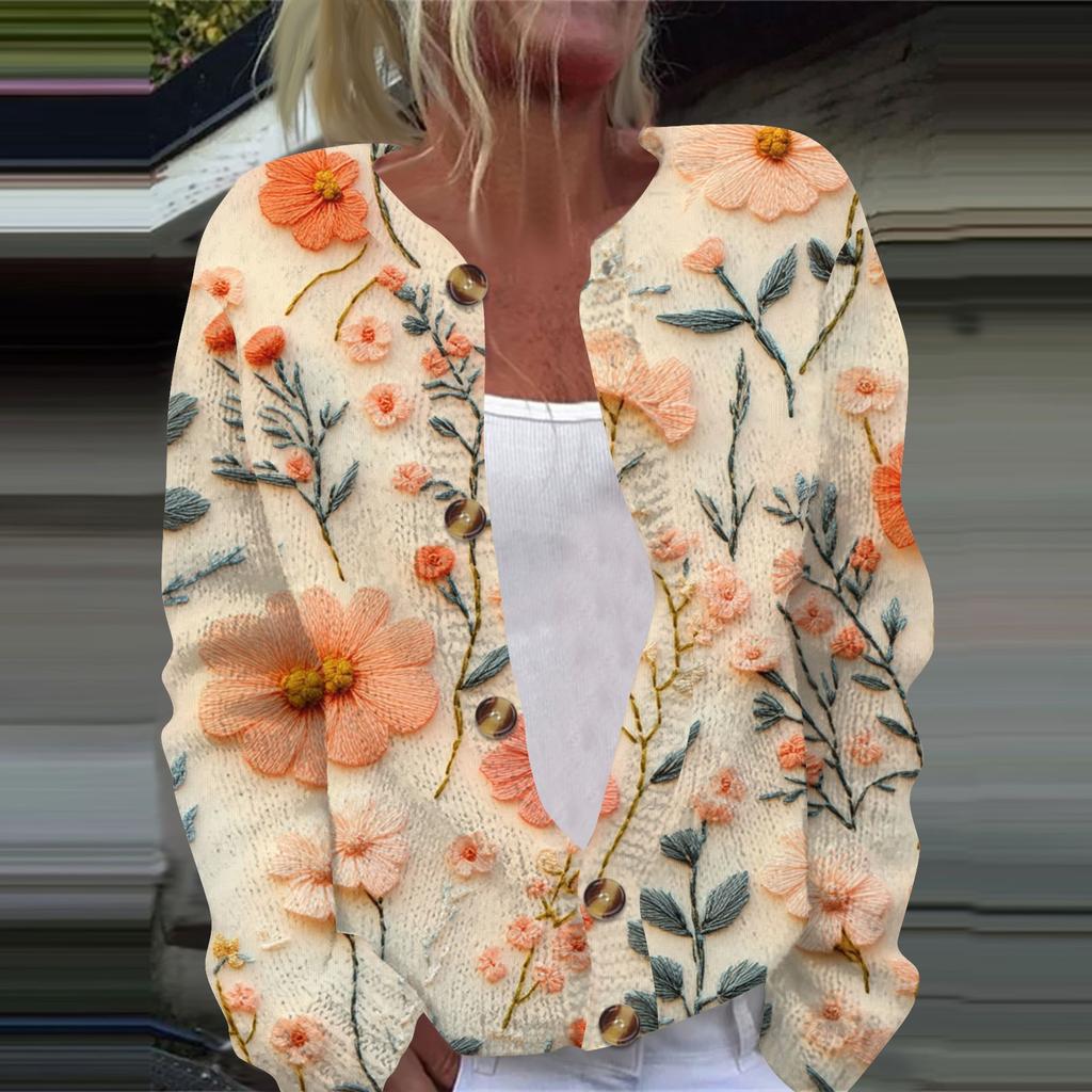 Женская повседневная мода ретро цветочный принт длинный рукав кардиган куртка на пуговицах