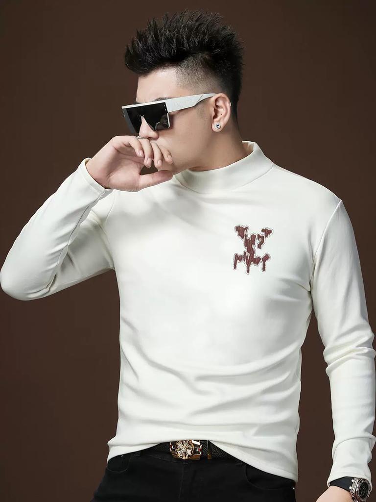 European Style Men's Half-Turtleneck Sweatshirt, Autumn and Winter Fleece-Lined Base Layer, Trendy Brand Print, Warm Inner Wear for Men