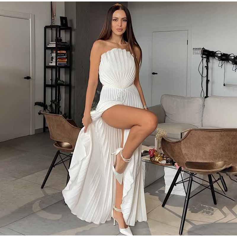 Women's White Strapless Backless Slit Dress with Irregular Pleats and Waist Cinching Design Versatile and Elegant Women's Dress for Daily Wear