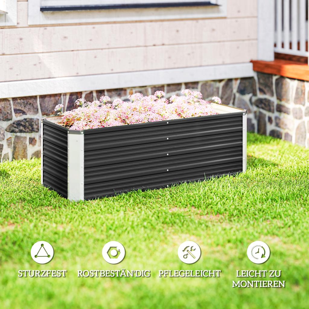 Steel raised garden bed, planter box, flower box, flower pot with gloves, charcoal gray, 125 x 47 x 44 cm