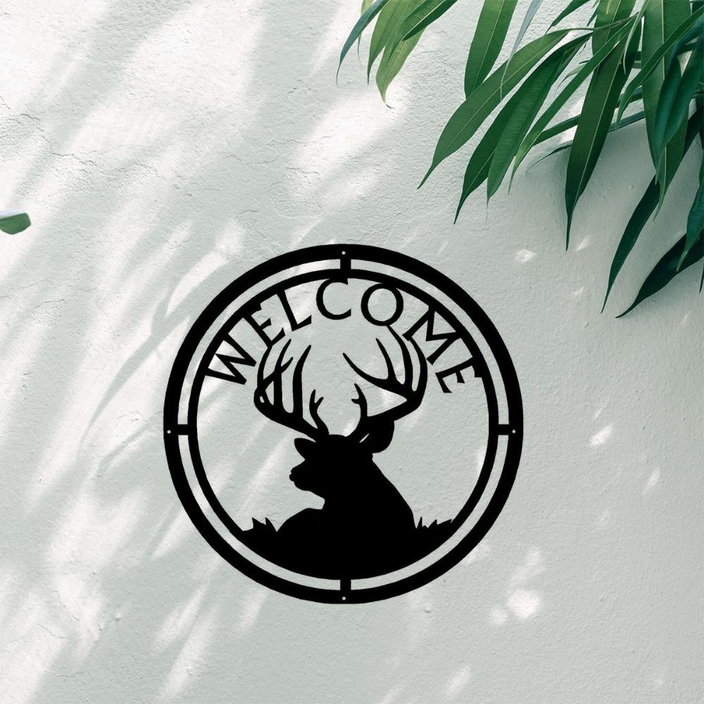 New Deer Buck Head, Deer Family Elk Head Welcome Sign - 12.5" Round Metal Wall Art for Rustic Home Décor and Outdoor Spaces