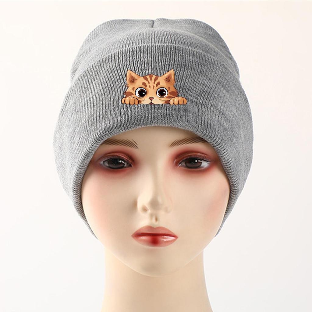 Cartoon Ginger Cat Winter Knit Cap Beanie, Animal Woman Cap Versatile Candy Color Sporting Pompom Beanies Knitted Hat Beanie