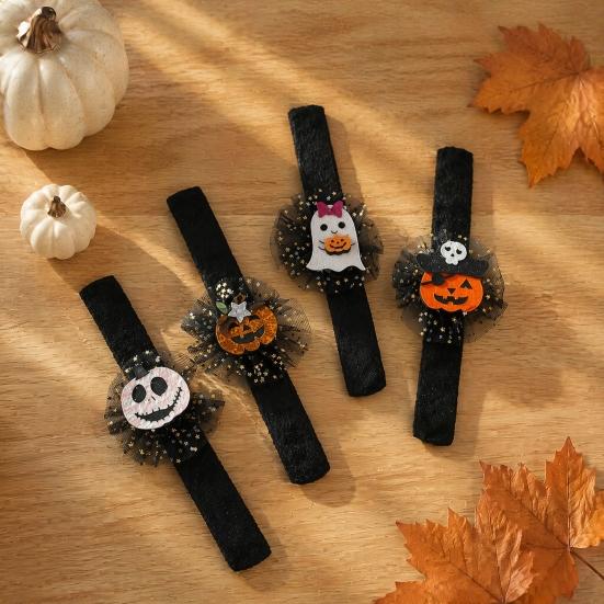 Adjustable Resilient Steel Plate Bracelets Stuffed Halloween Slap for Kids, Plush Pumpkin Ghost Skull Cute Wrist Assorted Pattern Bands Band