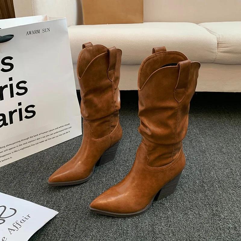 Модные высокие каблуки до середины икры, плиссированные сапоги для женщин, осенне-зимние, коричневые, из искусственной кожи, ковбойские сапоги в западном стиле, женские, на толстом каблуке, ковбойские боты для женщин