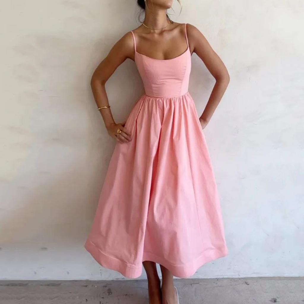 U Neck Solid Color Dress Waist Hugging Elegant Strap Dress for Women Sleeveless Loose Dresses Causal Dress