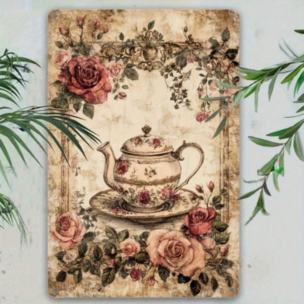 Винтажный чайник с розами Металлический настенный плакат для загородной кухни