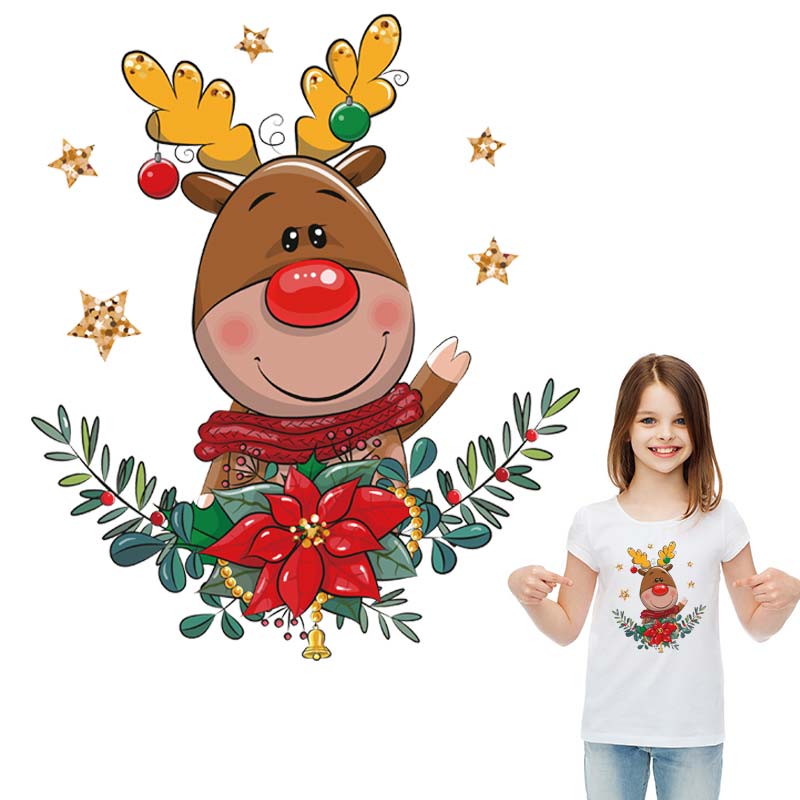 Christmas Patch New Heat Transfer T-Shirt Jeans Decoration Diy Washable Thermal Stickers Cartoon Deer With Christmas Wreath