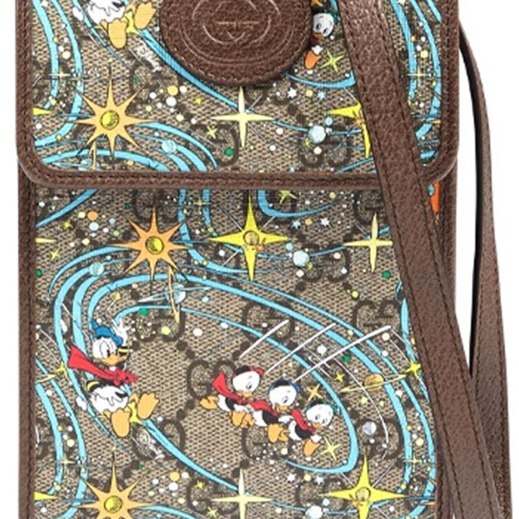 Gucci X Disney Donald Duck Print Logo Leather Canvas Flap Phone Bag Unisex Shoulder Bag Ebony 647927-2N9AT-8679