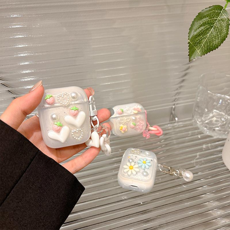 Любовь Клубника Жемчуг Яблоко Bluetooth Гарнитура Чехол Для Airpods 4 Блестящий Кулон Airpods Pro Женщины