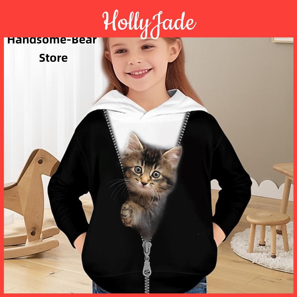 Hoodie Girls 3d Cat Pullover Long Sleeve 3d Print Childrens Clothing Fashion Costumes For Girls Top Aged From 2 To12 Year