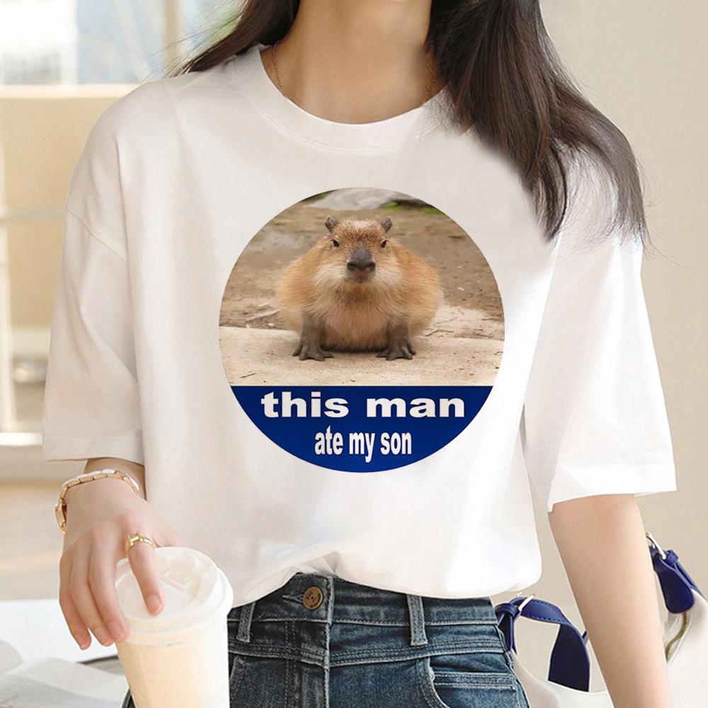 Capybara T Shirt Women Print Summer White Top Cotton T-shirt Graphic Tees Women Vintage Streetwear 90s Plus Size Tshirt Female