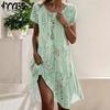 Women's Fashion Summer Spring Flower Pattern Print Short Sleeve O-Neck Loose Waistline Casual Dresses