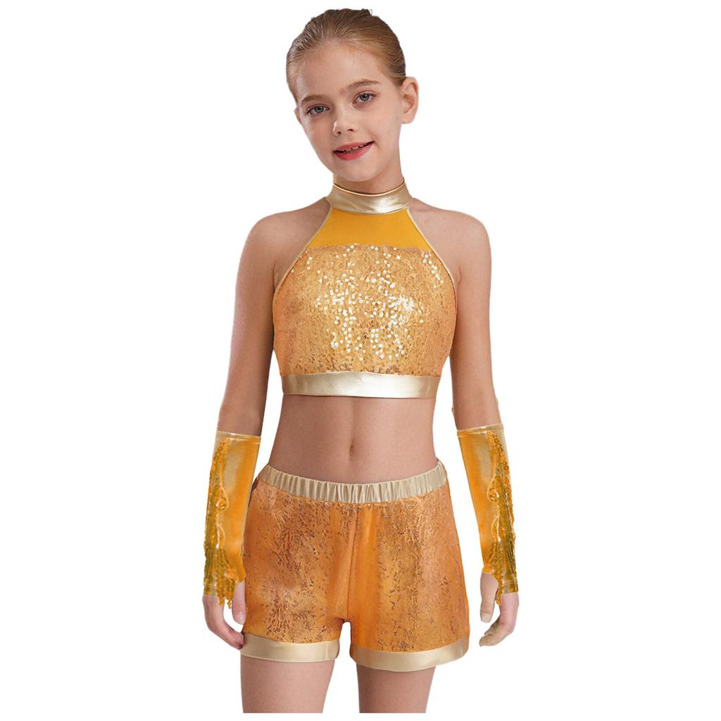 Girls Shiny Sequin Crop Top Keyhole Back Sleeveless Shorts Metallic Gloves Tassels Stage Costume