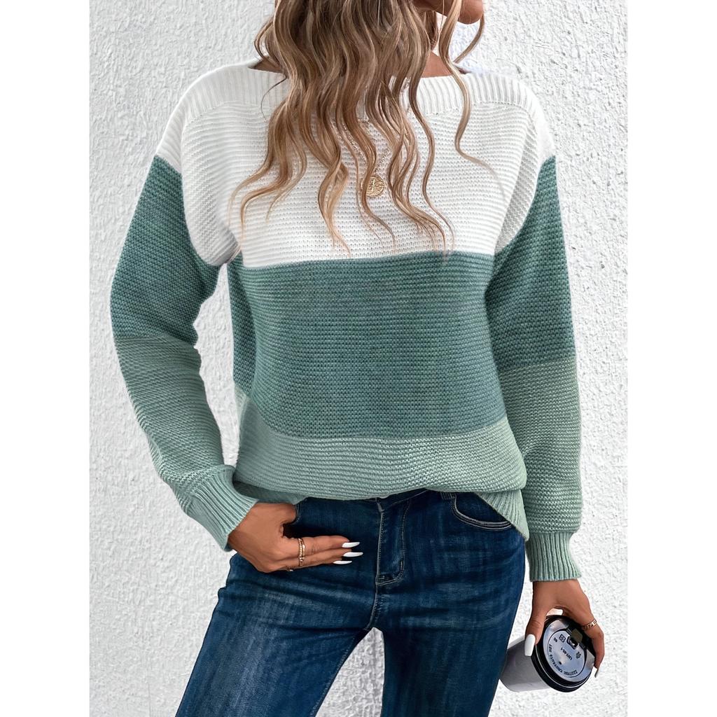 Stripe Color Block Sweater, Elegant Long Sleeve Drop Shoulder Sweater for Fall & Winter, Women's Clothing