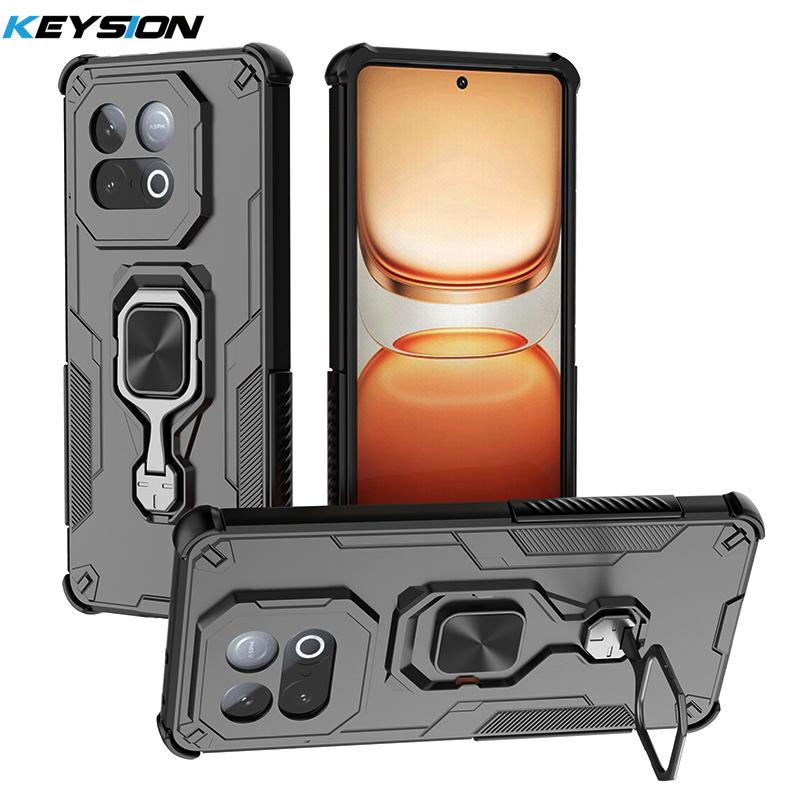 KEYSION Противоударный бронированный чехол для IQOO Z10 Turbo 5G Силикон+ПК Вертикальная металлическая подставка-кольцо для телефона для IQOO Z10 Turbo Pro