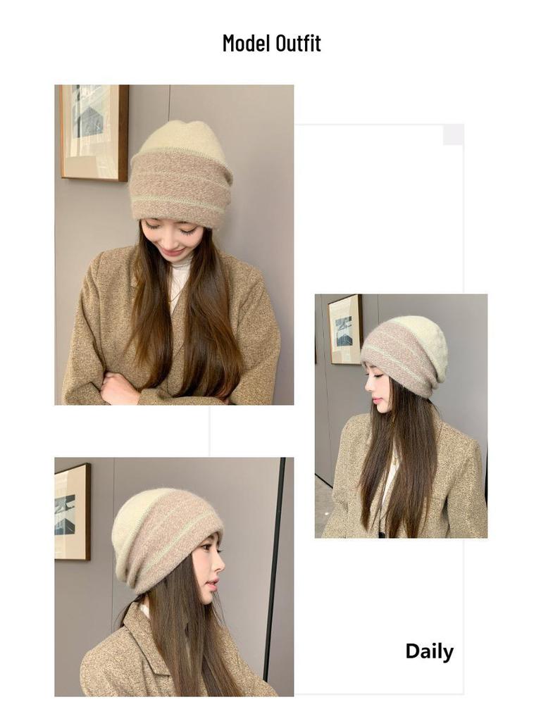 Korean Colorblock Rabbit Fur Fleece-Lined Beanie with Ear Protection – Elegant Women's Knit Hat for Cold Weather