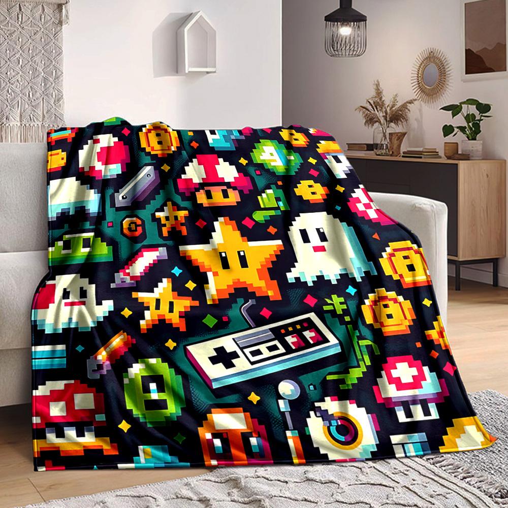 1pc Gaming PixelArt Flannel Throw Blanket HD Printed Lightweight Soft Warm All Season Blanket for Sofa, Bed, Travel, Camping Machine Washable