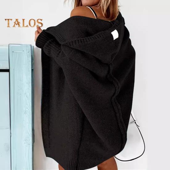 Женский свитер, пальто с капюшоном, длинный рукав, ребристые манжеты, открытая передняя часть, вязаное пальто, однотонный свитер средней длины, кардиган