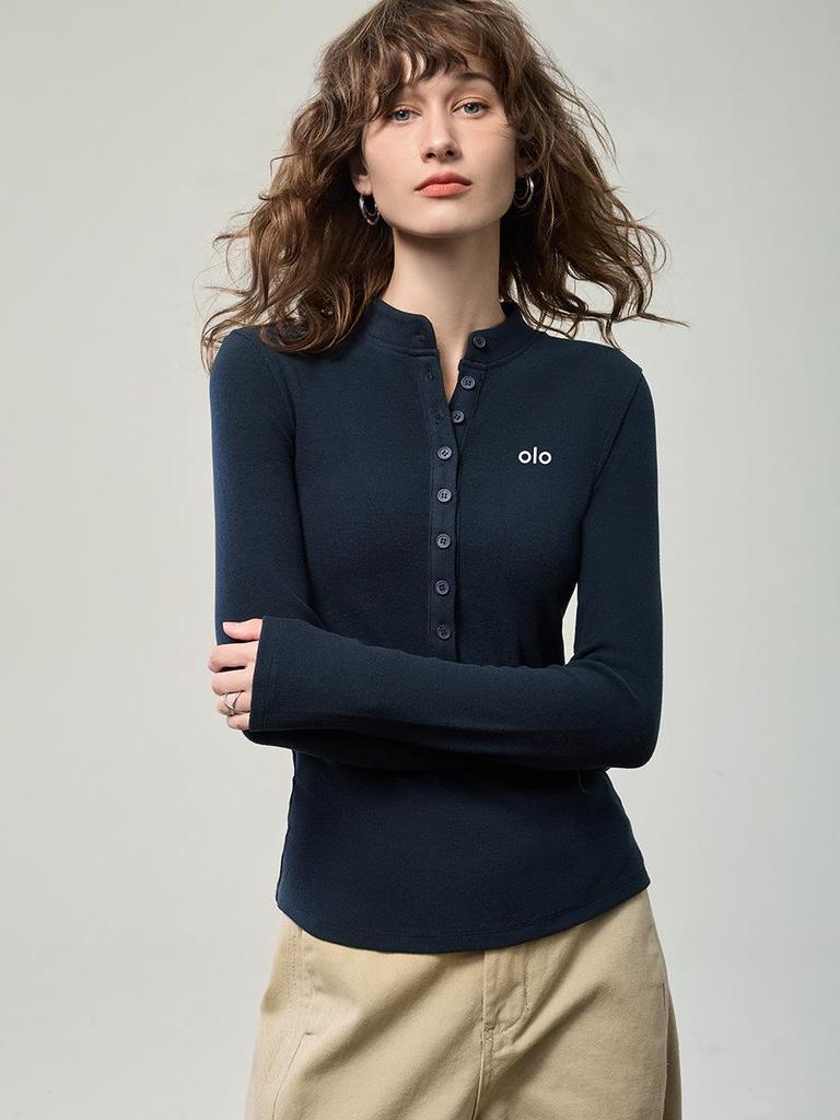 Women's Brushed Button Henley Long Sleeve T-Shirt - Autumn 2025 Print Slim Base Layer Top