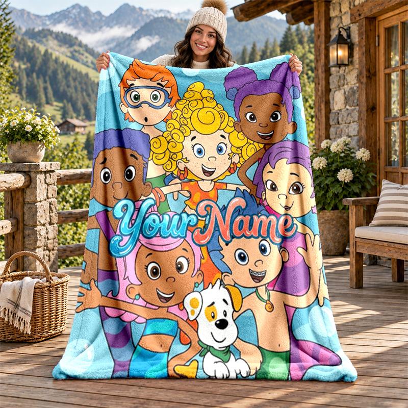 Bubble Guppies Custom Name Flannel Blanket Personalized Soft Warm Plush Throw Blanket Customized Gift for Family Friends