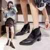 Pointed Short Boots Women's Thick Heel Leather Horsehair Brown Retro Short Boots High Heel Leather Boots Autumn and Winter New High-top Shoes Women