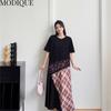 MODIQUE Summer Plus Size New Women Loose Patchwork A-Line Lace Printing Plaid Long Dresses Elegant Lady Casual Cotton O-Neck Short Sleeve Skirt