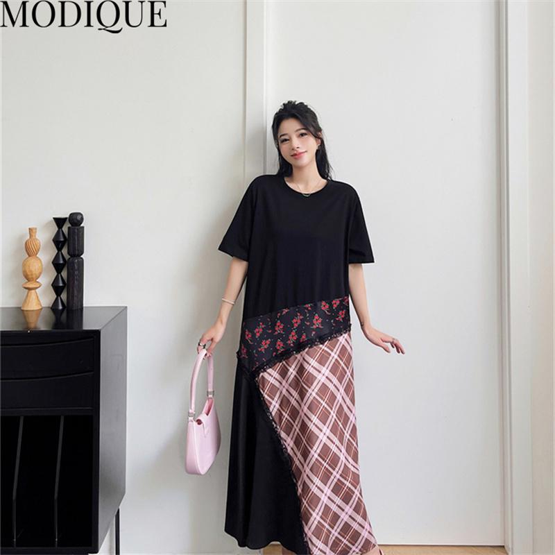 MODIQUE Summer Plus Size New Women Loose Patchwork A-Line Lace Printing Plaid Long Dresses Elegant Lady Casual Cotton O-Neck Short Sleeve Skirt