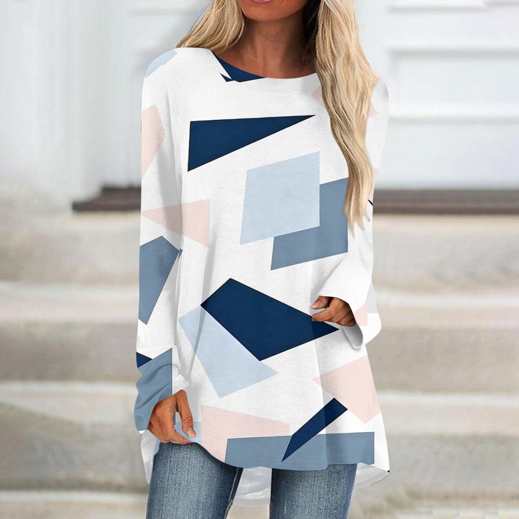 Женская модная повседневная футболка с принтом, длинный рукав, круглый вырез, средний длинный топ