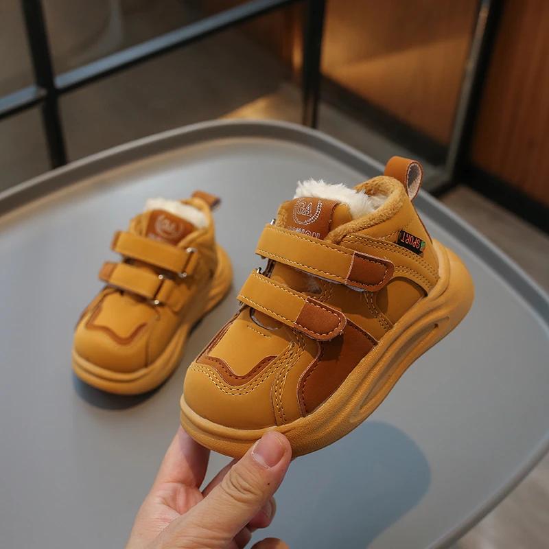 Boys Casual Sport Shoes Winter Warm Britain Style Girls Casual Shoes Double Hook & Loop Children Fashion Leather Shoes 2024 New
