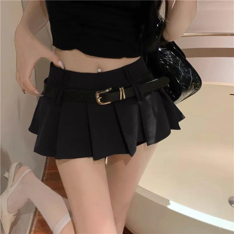 2025 Summer Women's High Waist Solid Short Skirt Sexy Fashionable Spicy Girl A-line Pleated Skirt with Belt Half Length Skirts